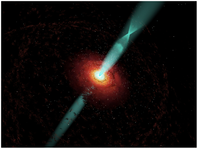 Figure 4 - Galaxies that have supermassive black holes at their centers can shoot out jets of material and radiation, like those seen here, that are taller than the galaxy is wide. Source: NRAO.
