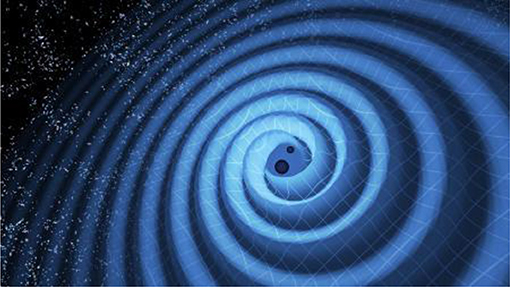 איור 3 - שני חורים שחורים שחגים זה סביב זה יגרמו לאדוות במרחב, שנקראות גלי גרביטציה.