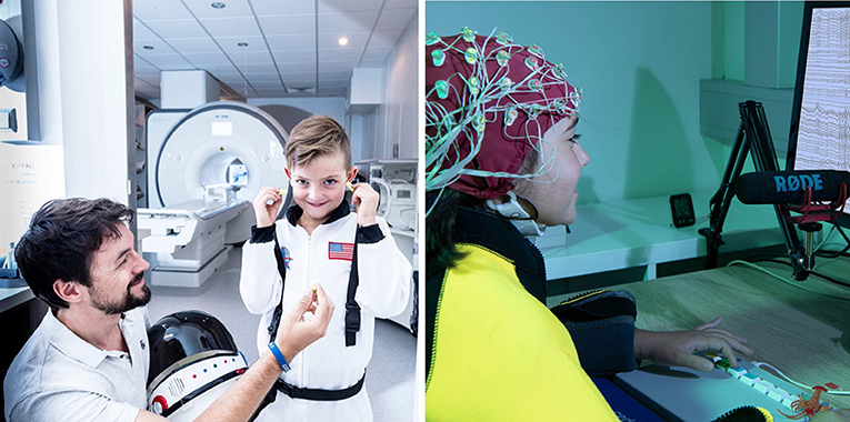 Figure 2 - Children taking part in one of our functional Magnetic Resonance Imaging (fMRI, left) and Electroencephalography (EEG, right) studies.