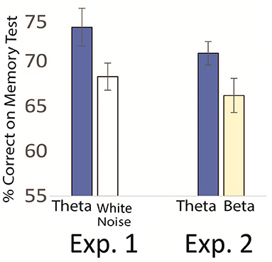 图2 -在第一个实验中，接受θ脑夹带的组在记忆测试中比接受白噪声的组得分更高。