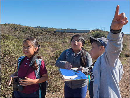 图1 -年轻的头脑在工作!在美国加州金门国家休闲区(Golden Gate National Recreation Area)，青年助理们在迁徙季节参加观看鹰的活动;图片来源:Alison Taggart-Barone，公园保护协会)。