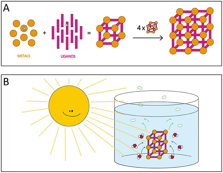图2 - (A)通过将金属(橙色)与有机配体(粉红色)结合形成框架(中间)来创建mof。
