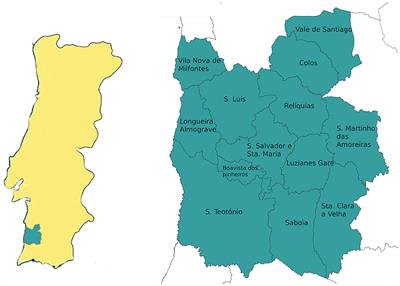 Odemira and Serpa location in Alentejo, South of Portugal map