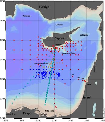 Map of the Mediterranean Sea indicating the sampled localities, coded