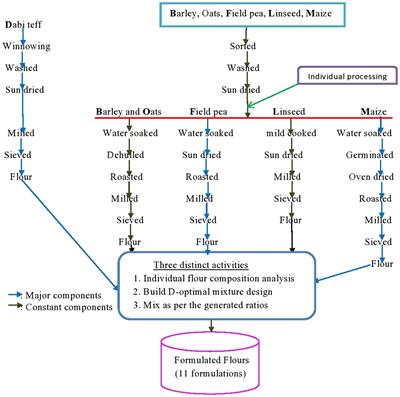 Frontiers  Optimization of a formula to develop iron-dense novel composite  complementary flour with a reduced phytate/minerals molar ratio from dabi  teff-field pea-based blends using a D-optimal mixture design
