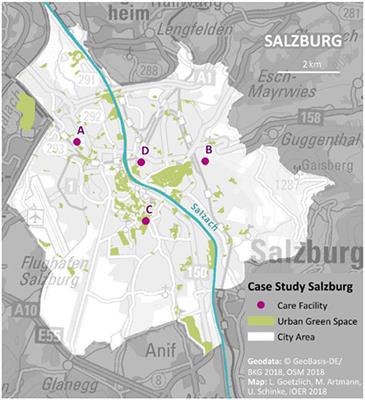 Location of the green spaces included in the case study. Prepared